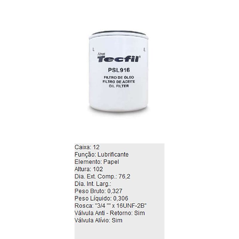 Filtro-De-Oleo-Lubrificante-Psl916-Tecfil-DPS-6316114-01